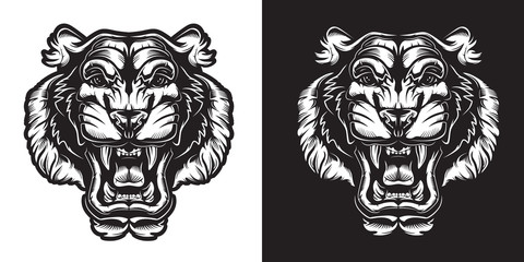Tiger angry face tattoo. Vector illustration of big cat head. Tiger print.