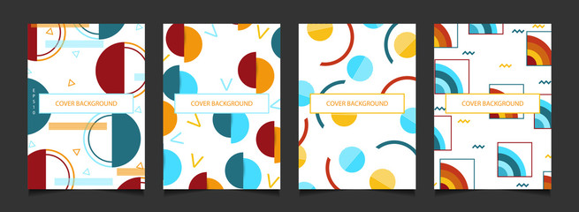 Set of collection minimal cover a4 geometric background with hipster and memphis pattern shapes composition. Bauhaus 80s and 90s fun Retro style vector layout for use poster, magazine, flyer, annual