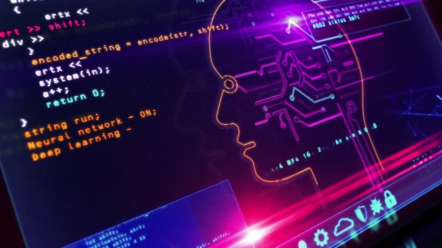 Artificial intelligence on computer screen. Deep machine learning technology with cyber head shape. Digital AI concept 3d animation with glitch effect.