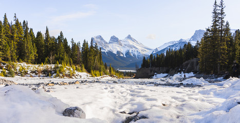 Canada scenic Landscape view with The Three Sisters Peaks, landmark in Canmore, Alberta