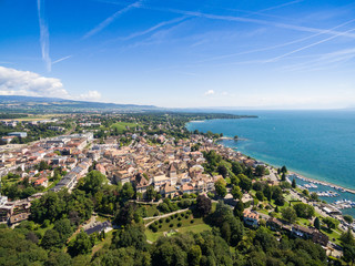 Aerial view of Nyon old city and waterfront in Switzerland
