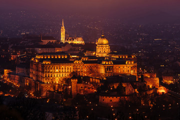Buda Castle and St. Matthias in the night illumination.