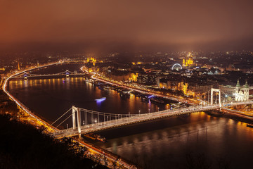 Panoramic view of evening Budapest from Gellert Hill.