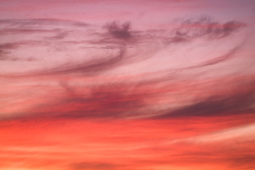 Summer sunset with pink-orange sky with clouds.