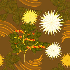 Seamless abstract pattern. Coffee tree, flowers and smooth wave lines on a brown background.