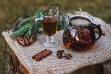 Black tea beautifully brewed in a glass teapot outdoors in the forest with natural light with cinnamon sticks, anise and spruce cones
