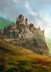paysage fantasy d'une ville avec château dans une plaine © nyothep
