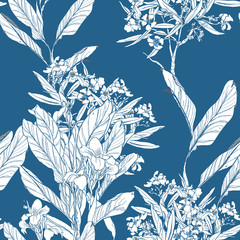 Beautiful Chinese Blue and White Porcelane Exotic Trees with Flowers on Blue Background, Chinoiserie Floral Trees White on Cobalt Background Hand Drawn Print - 341445932