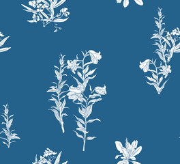 Blue and White Chinese Oriental Pattern, Lilies Summer Field Flowers White on Cobalt Blue Background, Floral Chinoiserie Textile Design Silhouette Drawing