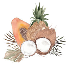 Watercolor summer arrangements with exotic fruits and tropical leaves and flowers, isolated on white background
