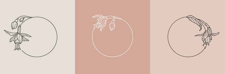 Set of fuchsia flower frames and monogram concept in minimal linear style. Vector floral logo
