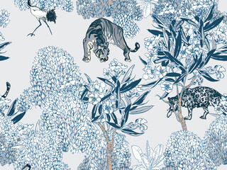 Blue and White Wild Animals Predators in Blooming Garden Blue and White Porcelain Chinese Design, Wild Cats in Oleander Floral Tree Chinoiserie Seamless Pattern - 341446585