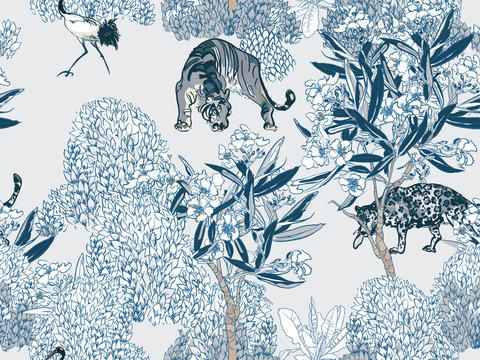 Blue and White Wild Animals Predators in Blooming Garden Blue and White Porcelain Chinese Design, Wild Cats in Oleander Floral Tree Chinoiserie Seamless Pattern