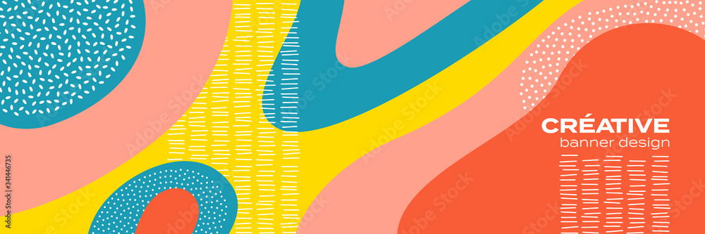 Poster abstract fun color pattern cartoon doodle geometric background. vector trend brochure cover template