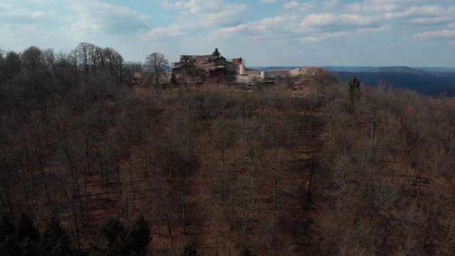 Aerial shot of Wegelnburg which is the highest ruined castle in the Palatine Forest, Germany.
