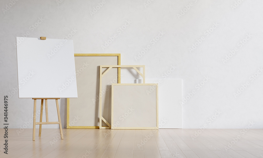 Poster a painter room with an easel with a blank painting canvas. other stretchers and frame leaning agains