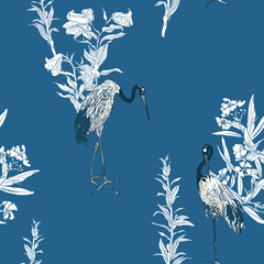 Chinese Cranes in Lilies Field Blue and White Ceramic Oriental Print, Exotic Birds Floral Seamless Pattern White on Blue Background, Oriental Textile Design