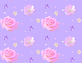 Seamless vector pattern:flowers are depicted on a lilac background: roses, daylilies, lilacs and decorative circles. Everything is done in delicate palette. Perfect for scrapbooking or wrapping paper.
