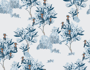 Cobalt Blue Oriental Design Chinese Motifs Pattern Blooming Garden, Hoopoe Birds on Floral Trees Chinoiserie Seamless Pattern © Irina