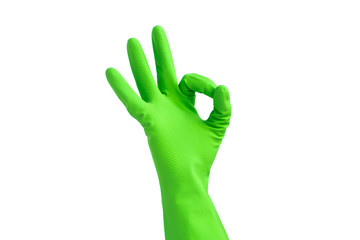 Hand with green rubber protective glove isolated on white gesturing ok, okay, positive. Signs of...