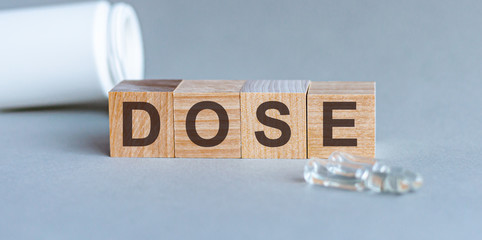 DOSE - words from wooden blocks with letters, feel worried and nervous stress concept, top view light background