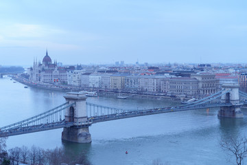 Fototapeta premium Evening view upon Budapest. The Chain Bridge, Palace of Parliament and Danube river are just the perfect trio