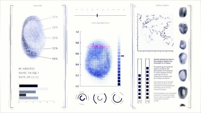 Fingerprint scanning interface monitor with map and charts. The topic of identifying people in a single fingerprint database. Futuristic search for a person in the database.