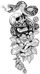 Angry snake coiled around the broken human skull and peony flower. Black and white tattoo. Vector illustration
