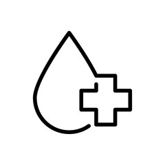 Icono plano lineal gota con cruz en color negro