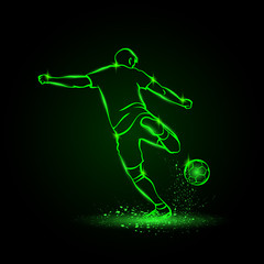 Fototapeta na wymiar Soccer striker, back view. Football player hits the ball in the dark. Vector Soccer sport green neon illustration.