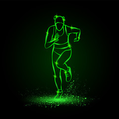 Fototapeta na wymiar Woman runs, front view. Vector green neon illustration of running girl in the dark.