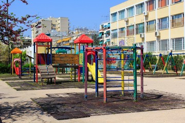 Fototapeta na wymiar Athens, Greece, April 11 2020 - Empty playground due to Coronavirus quarantine measures. 