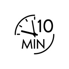 Icono plano lineal reloj con texto 10 min en color negro