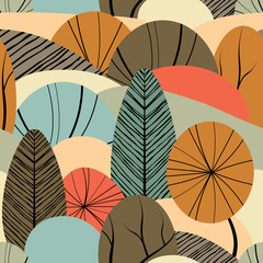 Abstract seamless pattern with plants, leaves, forest theme. Hand draw texture, vector template.