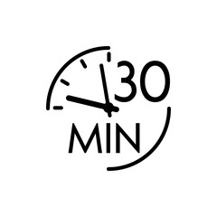 Icono plano lineal reloj con texto 30 min en color negro
