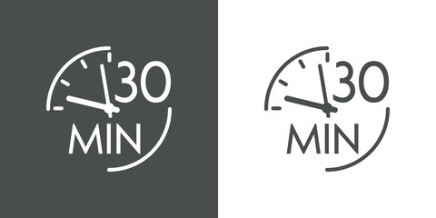 Icono plano lineal reloj con texto 30 min en fondo gris y fondo blanco