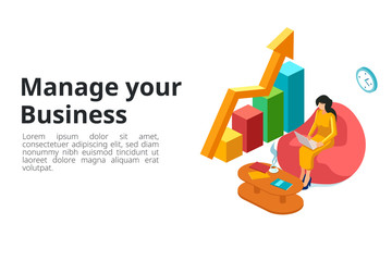Manage your business page illustration Header Banner. Woman with laptop and 3d infographic. Isometric Workspace illustration. - Vector