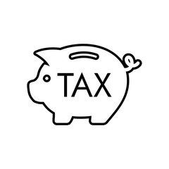 Icono plano lineal con texto TAX en hucha cerdito en color negro