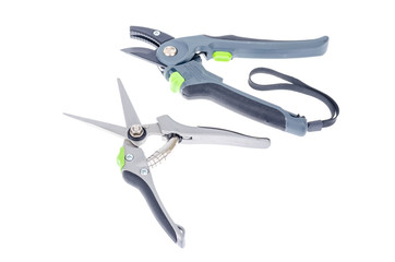 Scissors, pruner for pruning branches, stems. Garden and flower care tools isolated on white background