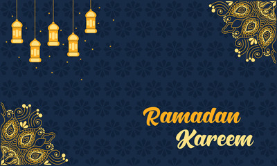 Ramadan Kareem Blue and Golden Background. Vector illustration with Islamic pattern Design. Mandala Art Design with Modern Background