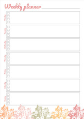White weekly planner with bright leaves design.