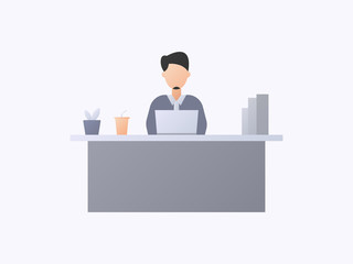 Man is working at home, employee situation when working. Business and management illustration design. Design for backdrop, presentation, banner, wallpaper etc.