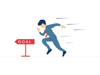Business man is runing to reach up his goal. Business marketing and management flat illustration design. Design for backdrop, presentation, banner, wallpaper etc.