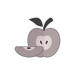 Half whole apple with a slice and seed inside. Silhouette apple icon. Fruit with branch and leaf. Vector illustration. 