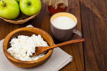 Fresh homemade diet cottage cheese, healthy nutrition, dairy products.