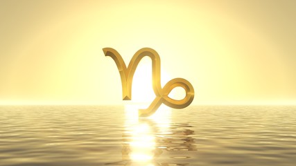 heavenly sunrise on golden sea with sign of capricorn on front of sun. 3d illustration