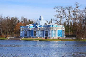Russia, St. Petersburg, April 19, 2020, the Hermitage Pavilion in the Catherine Park in the city of...