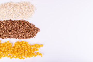 buckwheat, rice, pasta  on a white background