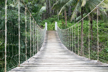 Suspension wooden bridge in the jungle.