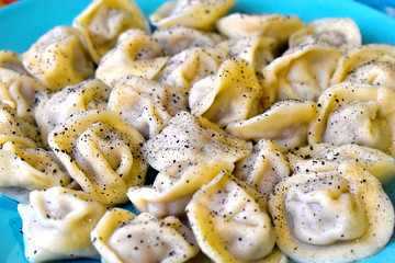 White dumplings with meat on a blue plate